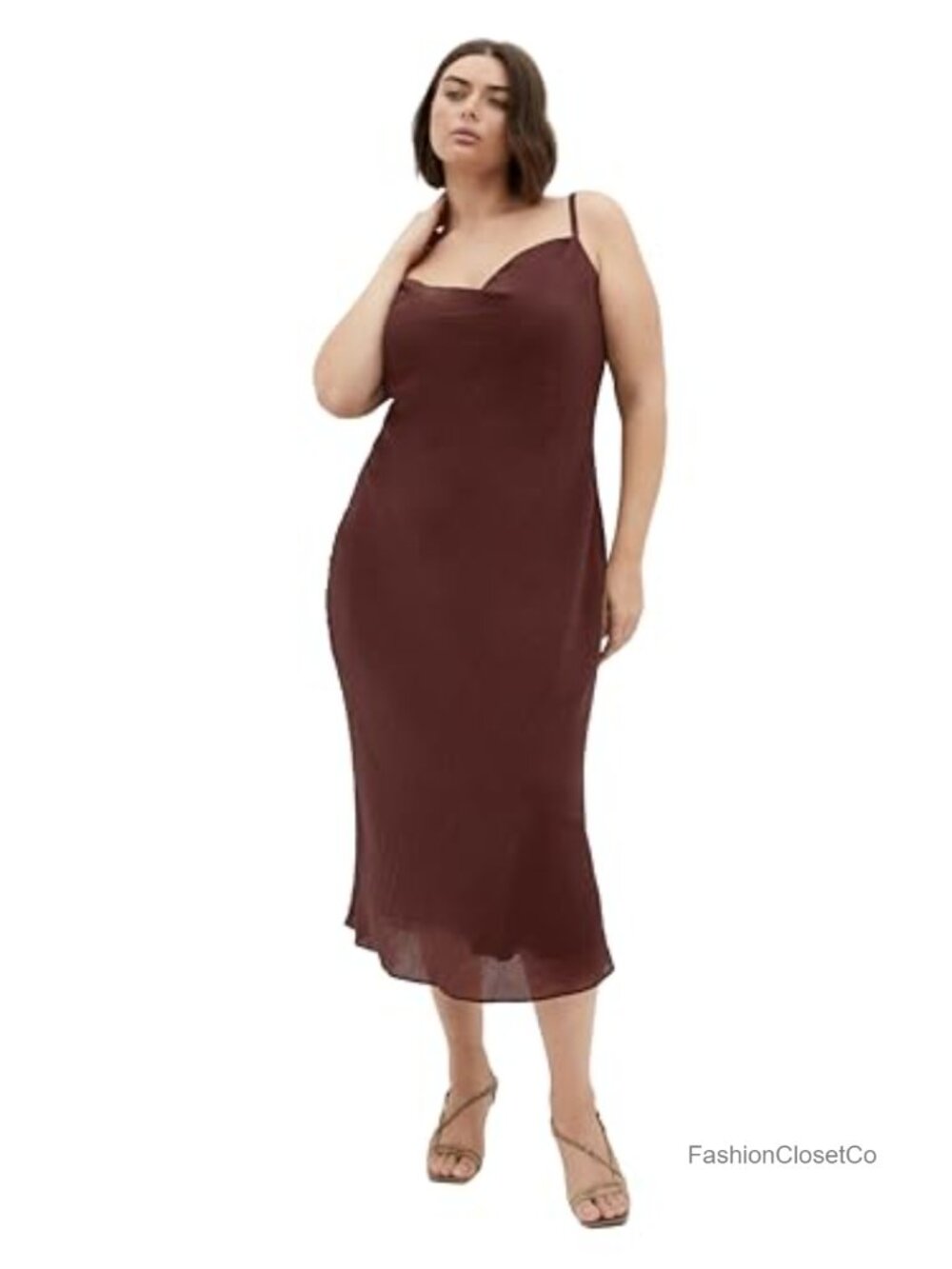 Plus Size Fitted Midi Slip Dress with Cowl Neck, Sateen Crinkle Polyester,